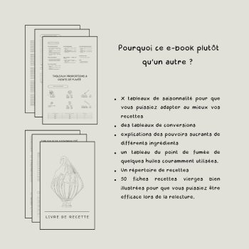 18 tableaux de saisonnalité pour comprendre au mieux les recettes des tableaux de conversion pouvoirs sucrants, des explications des différents ingrédients tableau de point de fumée des huiles les plus courantes répertoire des recettes, 50 recettes vierges pour que vous puissiez être efficace lors de votre lecture.