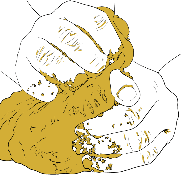 Illustration au trait en noir et jaune "Sunwashed Meadow" représentant des mains pétrissant une pâte. A pain ou sablée, à vous de voir...