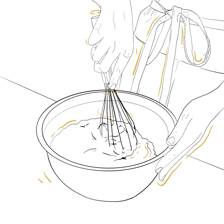 Illustration au trait montrant des mains, l'une tenant le saladier l'autre utilisant un fouet pour remuer la préparation dans le bol.